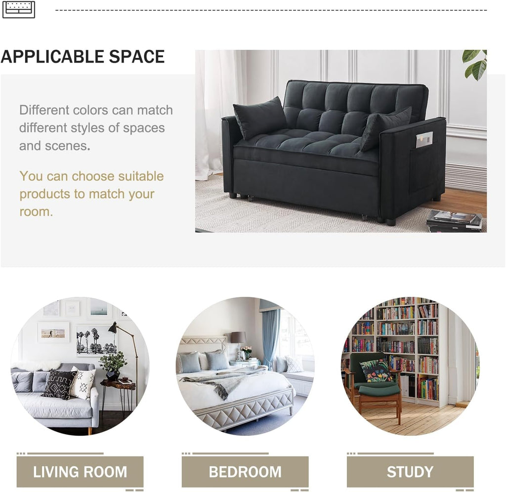 Sleeper Sofa Bed, 3-in-1 Velvet Pull Out Couch with Armrests, Storage Pockets and 2 Pillows, Adjustable Backrest, Sofa Bed Couch for Living Room, Bedroom(Black) - Grand Goldman