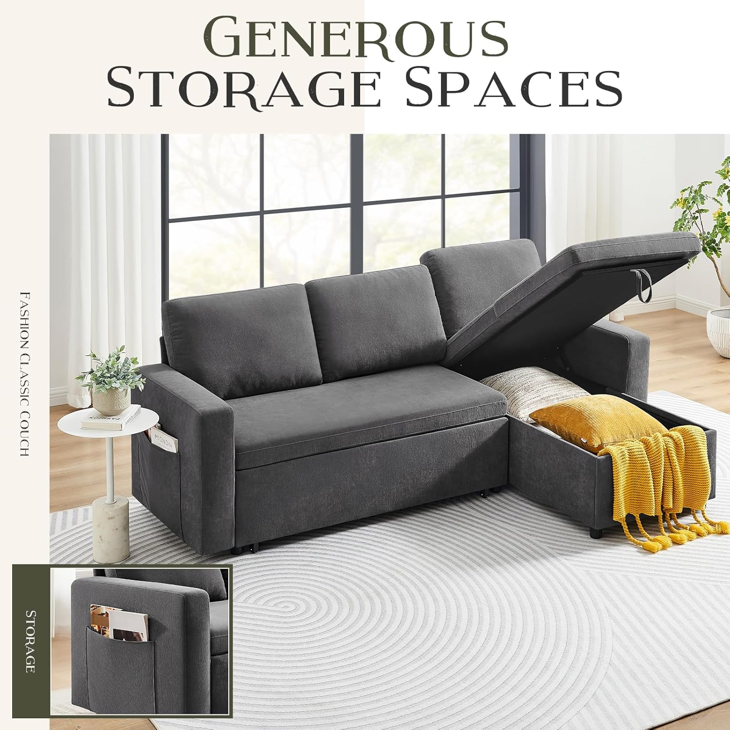 Sleeper Sofa Bed, 85'' Pull-Out Convertible Sofa Bed, Lounge Soft Futon Sofa, Detachable Chenille Cover, Couches for Living Room/Office/Apartment, Grey - Grand Goldman