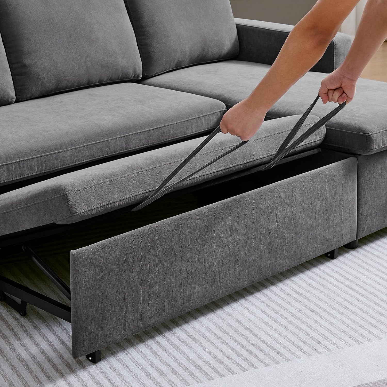 Sleeper Sofa Bed, 85'' Pull-Out Convertible Sofa Bed, Lounge Soft Futon Sofa, Detachable Chenille Cover, Couches for Living Room/Office/Apartment, Grey - Grand Goldman