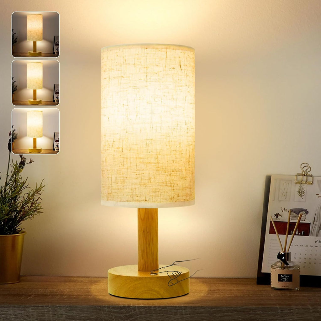 Small Bedside Night Table Lamp for Bedroom, Minimalist Nightstand Lamp with Round Fabric Linen Shade, Study Reading Desk Lamp for Kids Room, Living Room, College Dorm, Home, Office - Grand Goldman