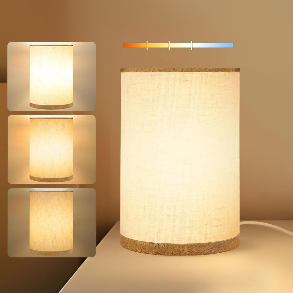 Small Bedside Night Table Lamp for Bedroom, Minimalist Nightstand Lamp with Round Fabric Linen Shade, Study Reading Desk Lamp for Kids Room, Living Room, College Dorm, Home, Office - Grand Goldman