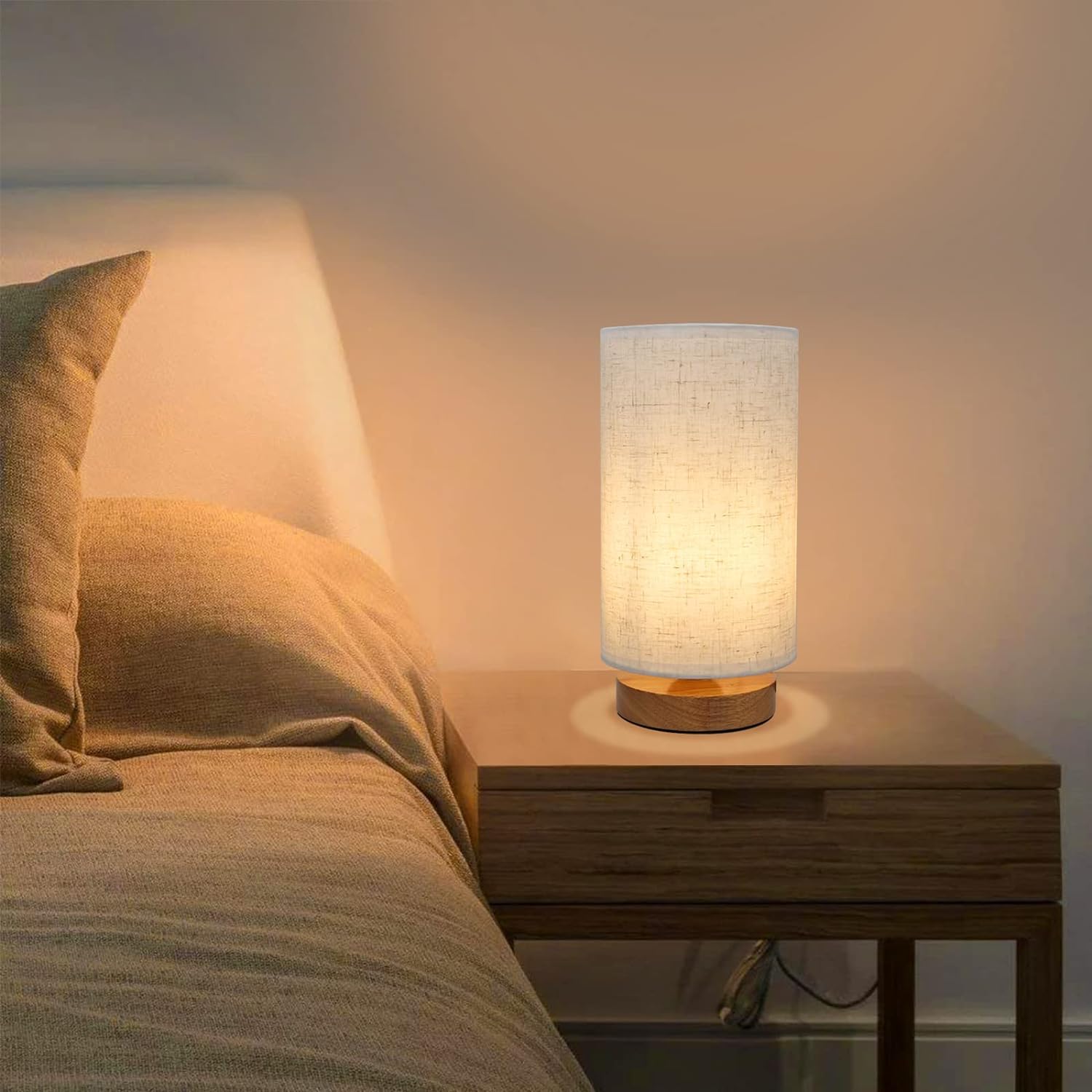 Small Bedside Night Table Lamp for Bedroom, Minimalist Nightstand Lamp with Round Fabric Linen Shade, Study Reading Desk Lamp for Kids Room, Living Room, College Dorm, Home, Office - Grand Goldman