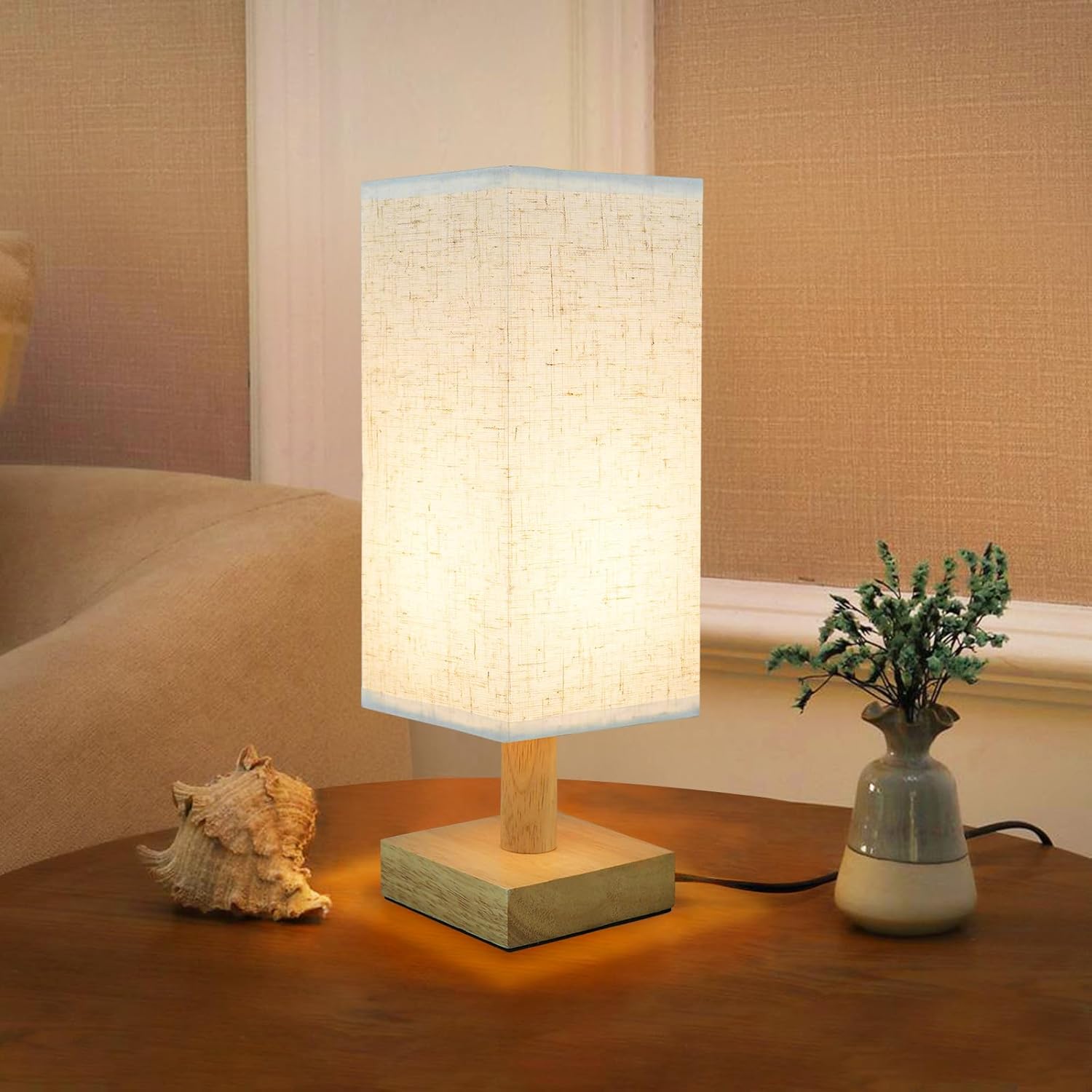 Small Bedside Night Table Lamp for Bedroom, Minimalist Nightstand Lamp with Round Fabric Linen Shade, Study Reading Desk Lamp for Kids Room, Living Room, College Dorm, Home, Office - Grand Goldman