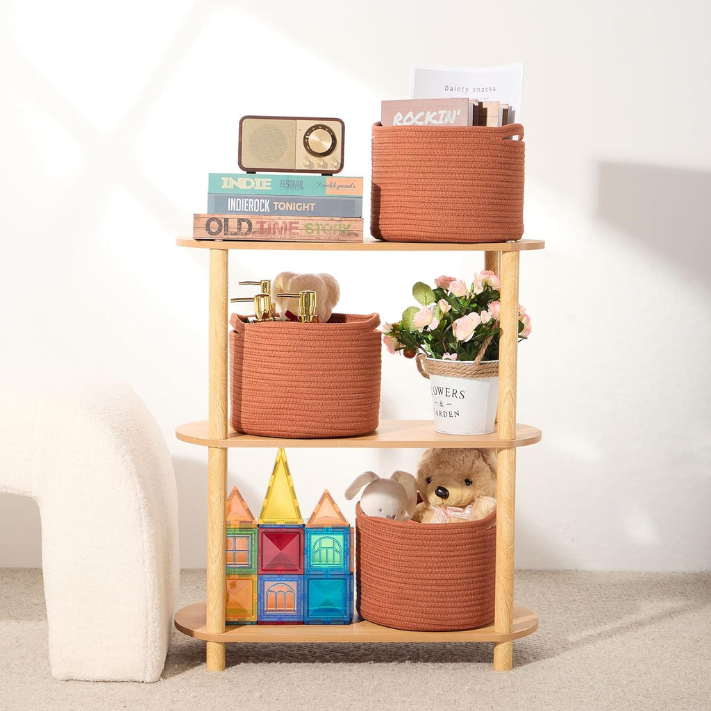 Small Storage Basket for Organizing | Cube Shelf Closet Storage Baskets | 9.7×9.7×7.1” Cute Baby Basket for Nursery | Woven Rope Basket Bins | Gift Basket Easter | Round 3 Packs Oxide Red - Grand Goldman