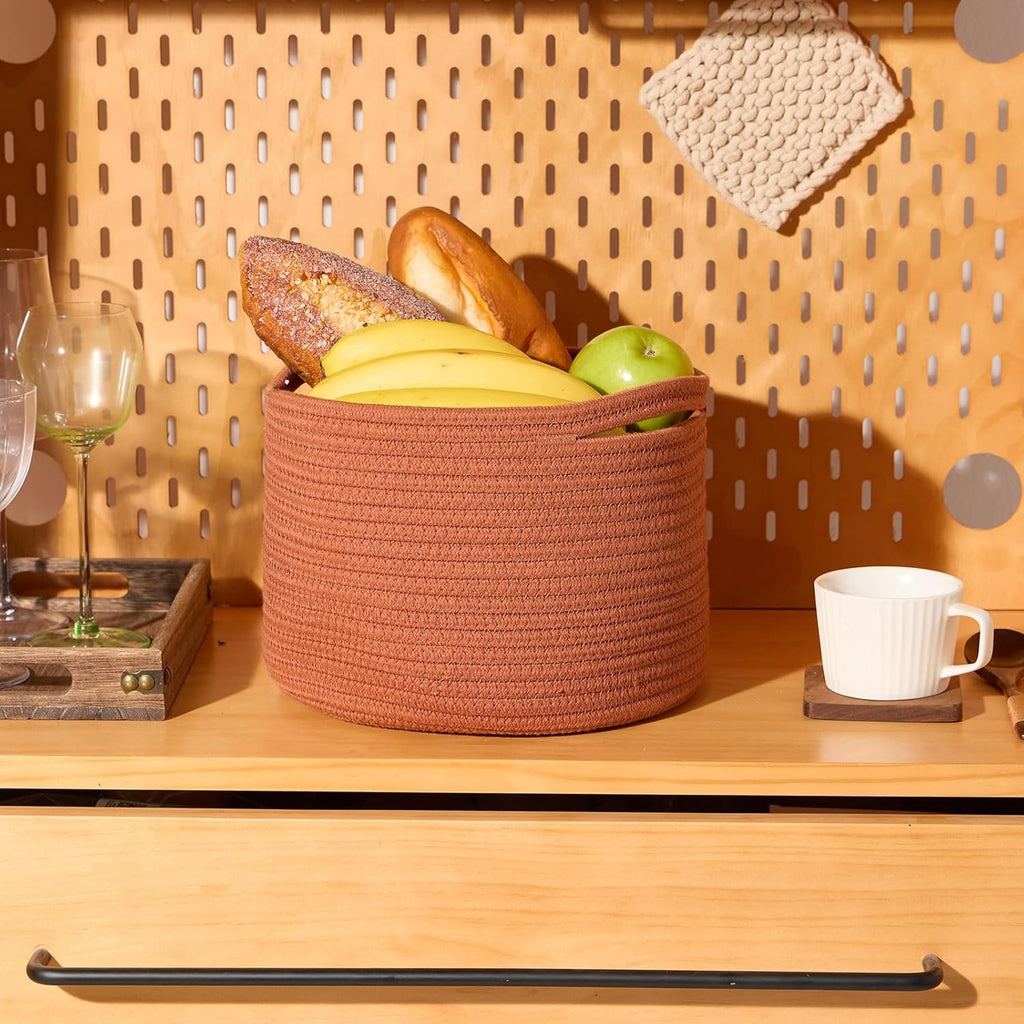 Small Storage Basket for Organizing | Cube Shelf Closet Storage Baskets | 9.7×9.7×7.1” Cute Baby Basket for Nursery | Woven Rope Basket Bins | Gift Basket Easter | Round 3 Packs Oxide Red - Grand Goldman