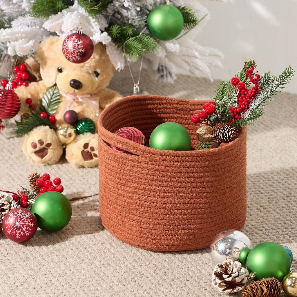 Small Storage Basket for Organizing | Cube Shelf Closet Storage Baskets | 9.7×9.7×7.1” Cute Baby Basket for Nursery | Woven Rope Basket Bins | Gift Basket Easter | Round 3 Packs Oxide Red - Grand Goldman