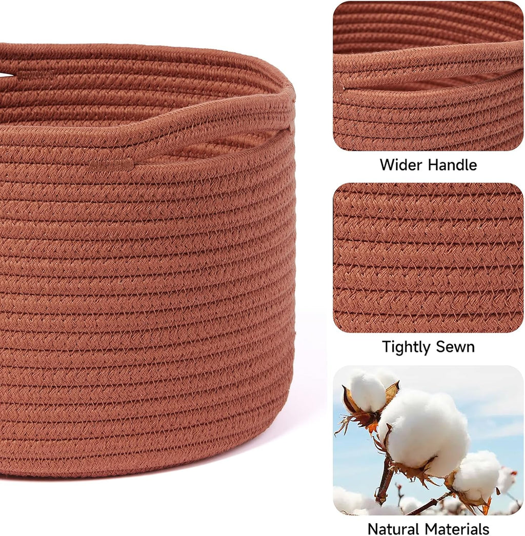 Small Storage Basket for Organizing | Cube Shelf Closet Storage Baskets | 9.7×9.7×7.1” Cute Baby Basket for Nursery | Woven Rope Basket Bins | Gift Basket Easter | Round 3 Packs Oxide Red - Grand Goldman