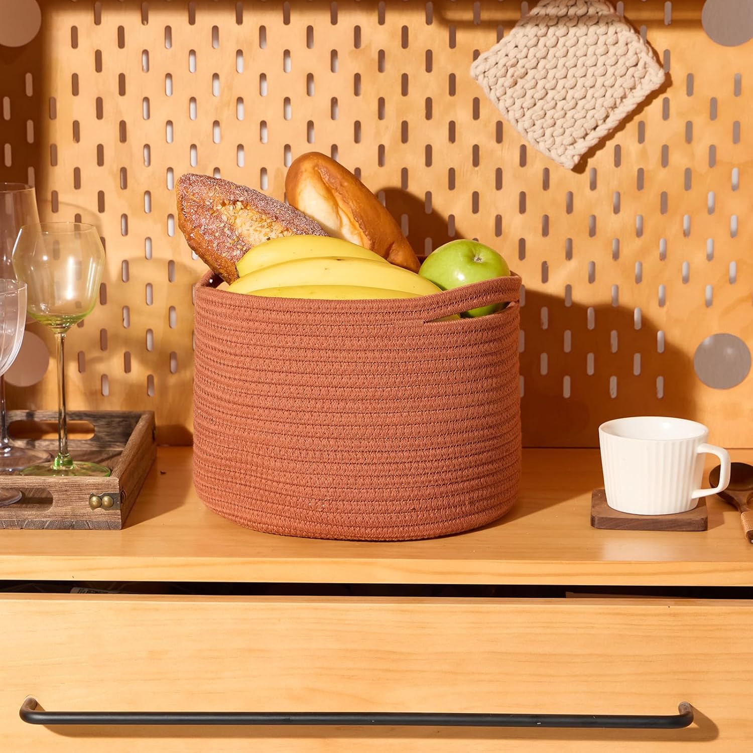 Small Storage Basket for Organizing | Cube Shelf Closet Storage Baskets | 9.7×9.7×7.1” Cute Baby Basket for Nursery | Woven Rope Basket Bins | Gift Basket Easter | Round 3 Packs Oxide Red - Grand Goldman