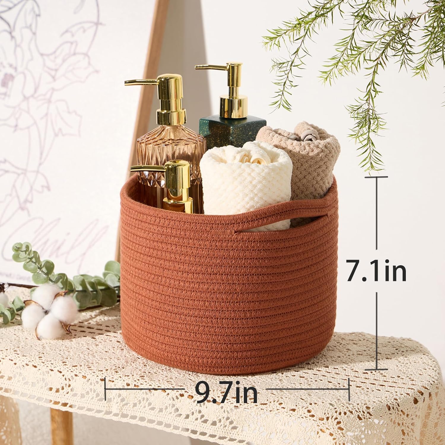 Small Storage Basket for Organizing | Cube Shelf Closet Storage Baskets | 9.7×9.7×7.1” Cute Baby Basket for Nursery | Woven Rope Basket Bins | Gift Basket Easter | Round 3 Packs Oxide Red - Grand Goldman