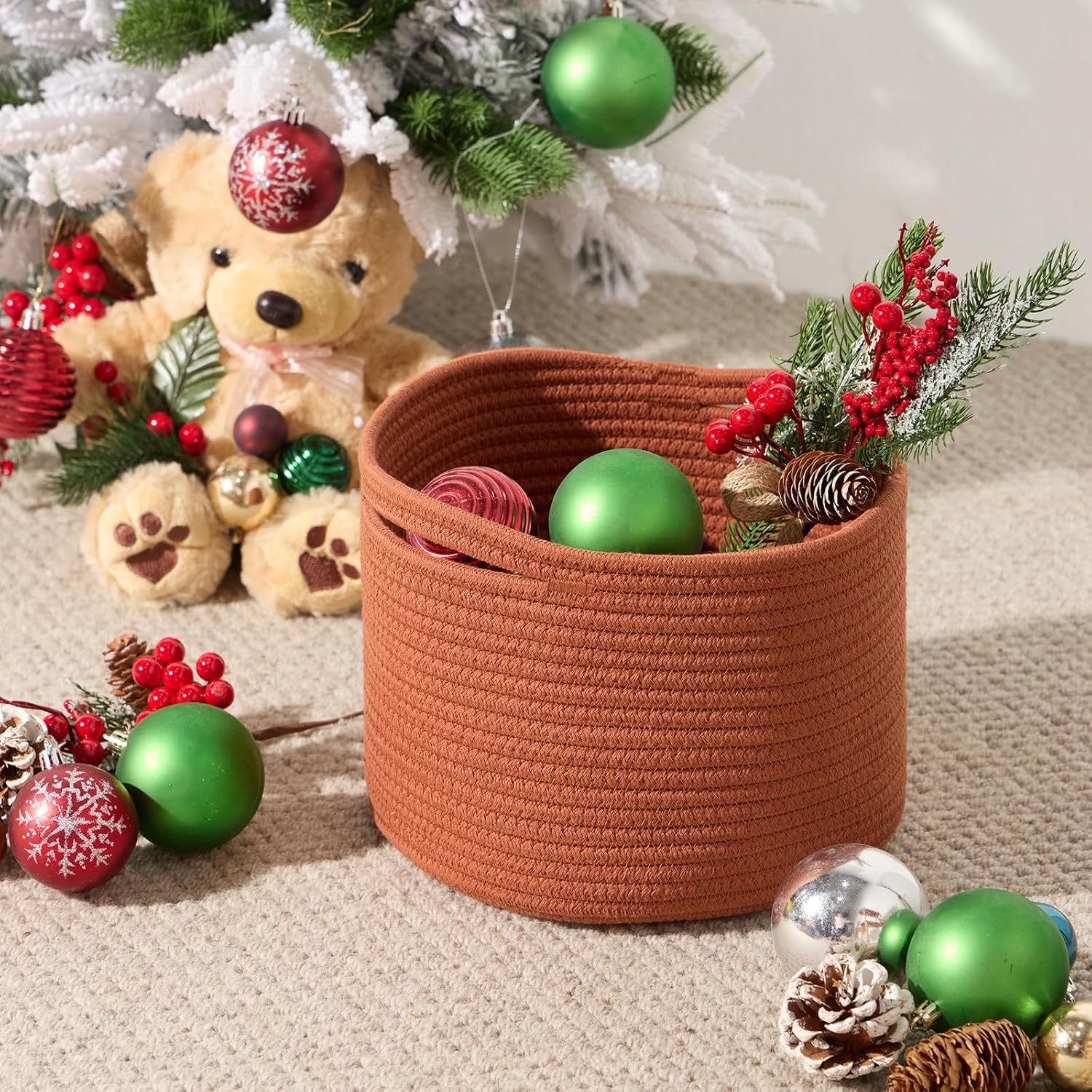 Small Storage Basket for Organizing | Cube Shelf Closet Storage Baskets | 9.7×9.7×7.1” Cute Baby Basket for Nursery | Woven Rope Basket Bins | Gift Basket Easter | Round 3 Packs Oxide Red - Grand Goldman