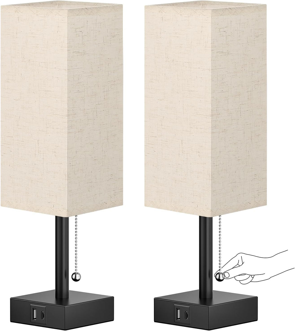 Small Table Lamp for Bedroom - Bedside Lamps for Nightstand, Minimalist Night Stand Light Lamp with Square Fabric Shade, Desk Reading Lamp for Kids Room Living Room Office Dorm - Grand Goldman