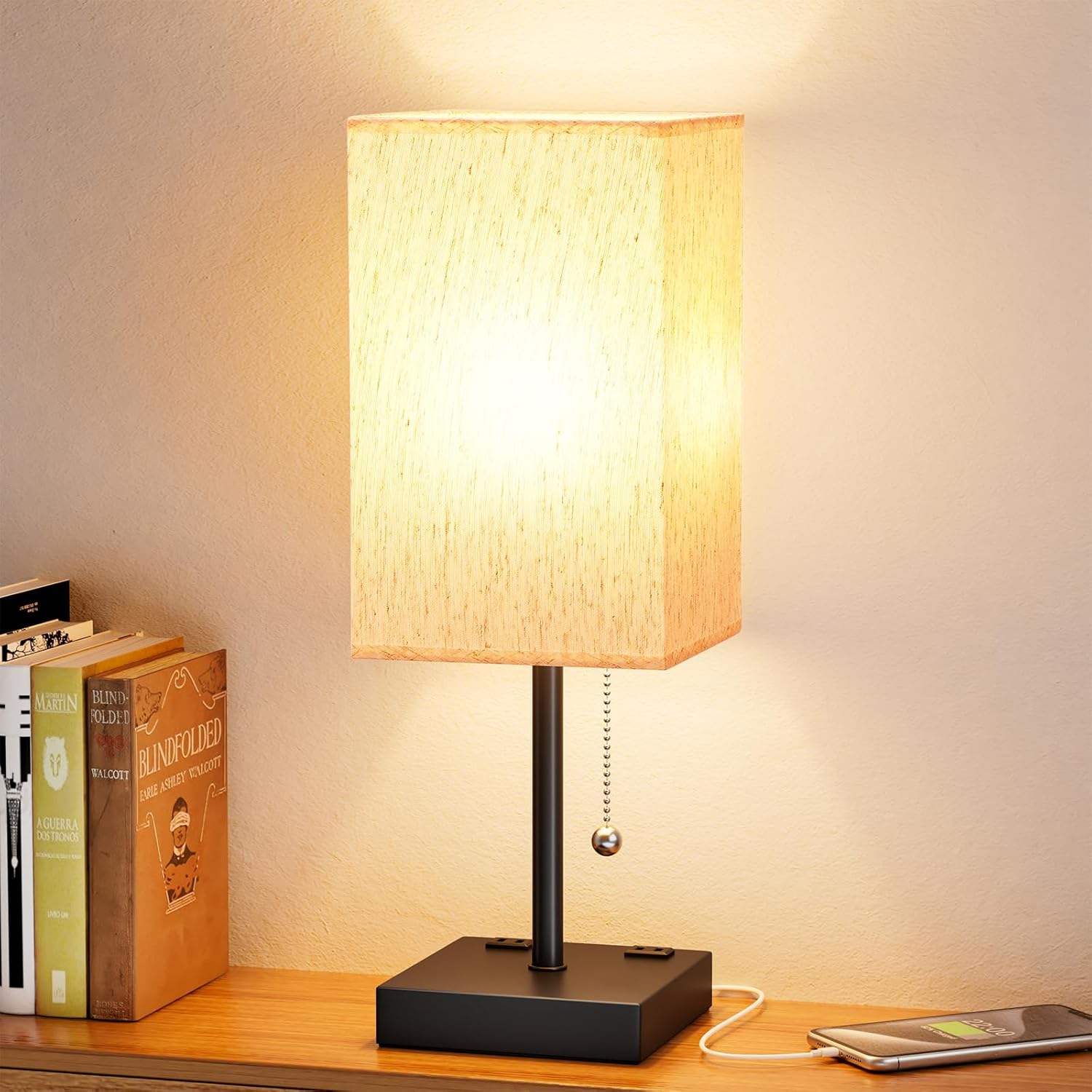 Small Table Lamp for Bedroom - Bedside Lamps for Nightstand, Minimalist Night Stand Light Lamp with Square Fabric Shade, Desk Reading Lamp for Kids Room Living Room Office Dorm - Grand Goldman