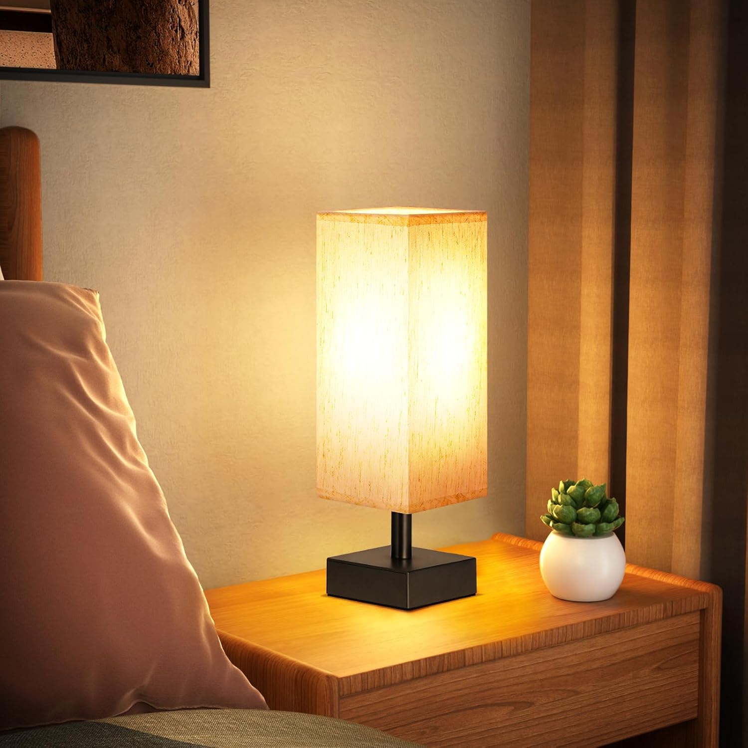 Small Table Lamp for Bedroom - Bedside Lamps for Nightstand, Minimalist Night Stand Light Lamp with Square Fabric Shade, Desk Reading Lamp for Kids Room Living Room Office Dorm - Grand Goldman