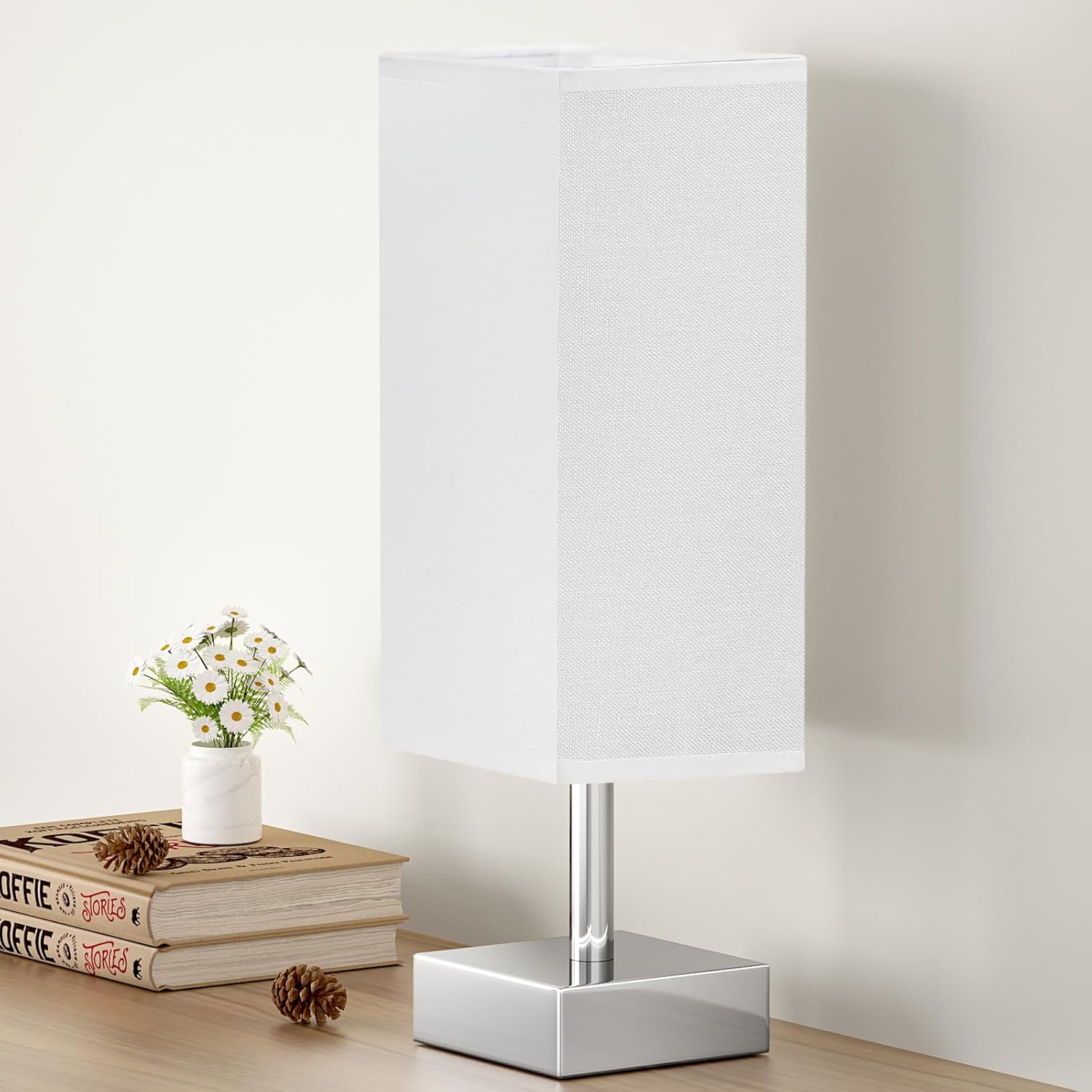 Small Table Lamp for Bedroom - Bedside Lamps for Nightstand, Minimalist Night Stand Light Lamp with Square Fabric Shade, Desk Reading Lamp for Kids Room Living Room Office Dorm - Grand Goldman
