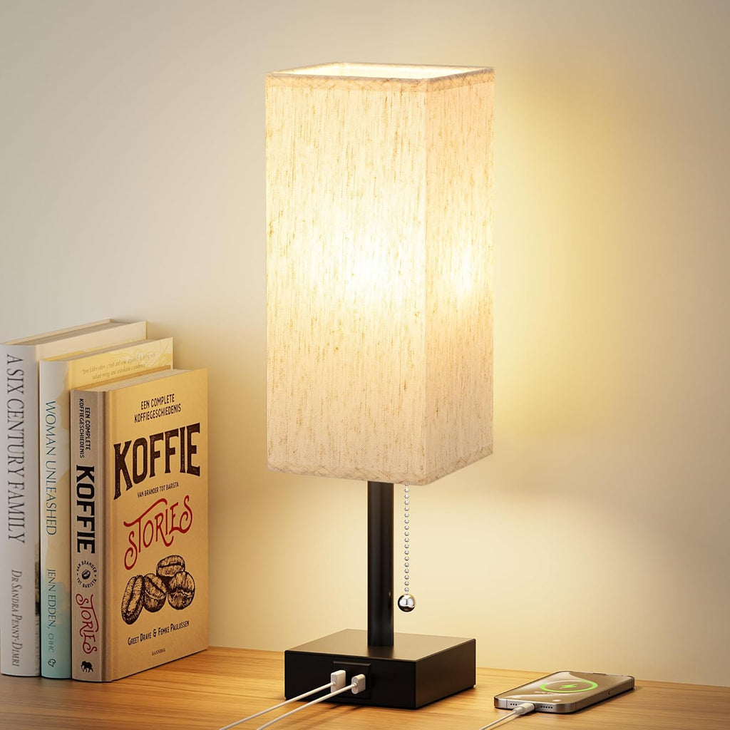 Small Table Lamp for Bedroom - Bedside Lamps for Nightstand, Minimalist Night Stand Light Lamp with Square Fabric Shade, Desk Reading Lamp for Kids Room Living Room Office Dorm - Grand Goldman