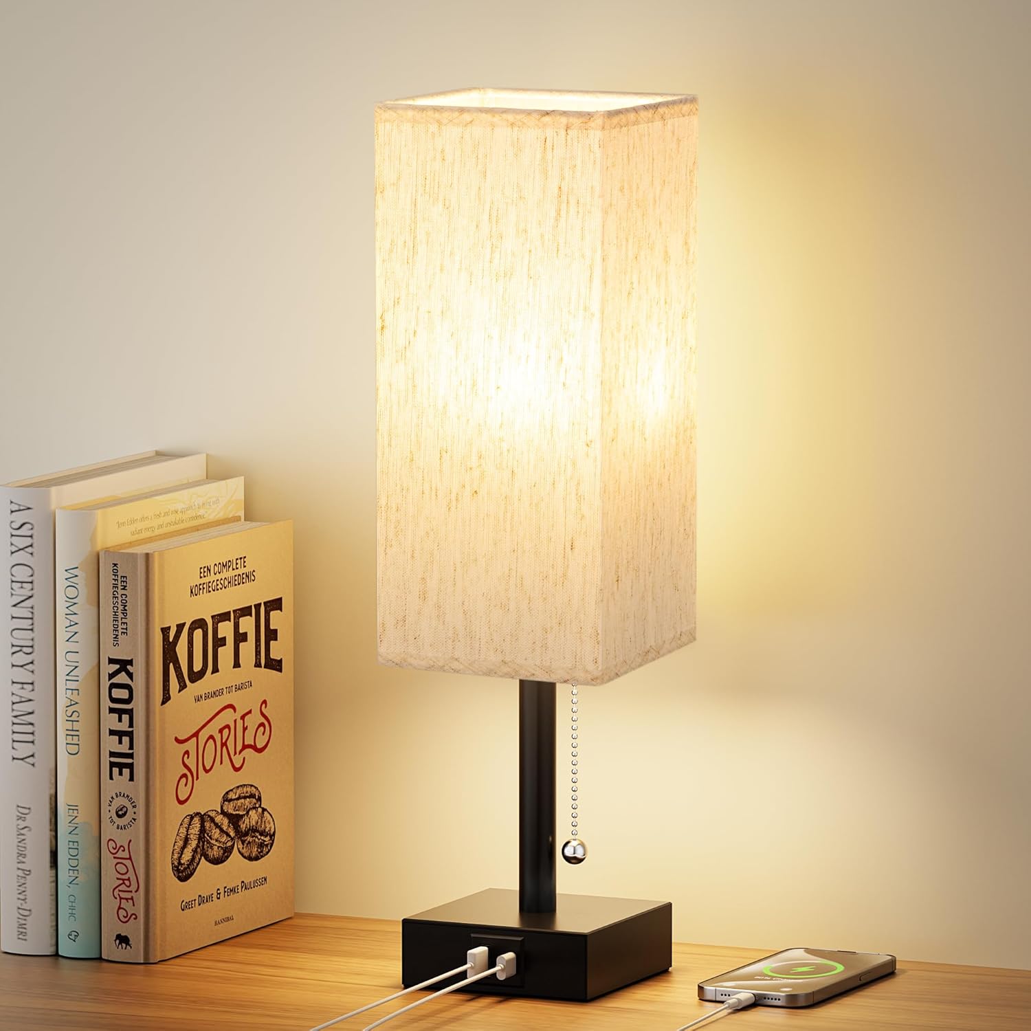Small Table Lamp for Bedroom - Bedside Lamps for Nightstand, Minimalist Night Stand Light Lamp with Square Fabric Shade, Desk Reading Lamp for Kids Room Living Room Office Dorm - Grand Goldman