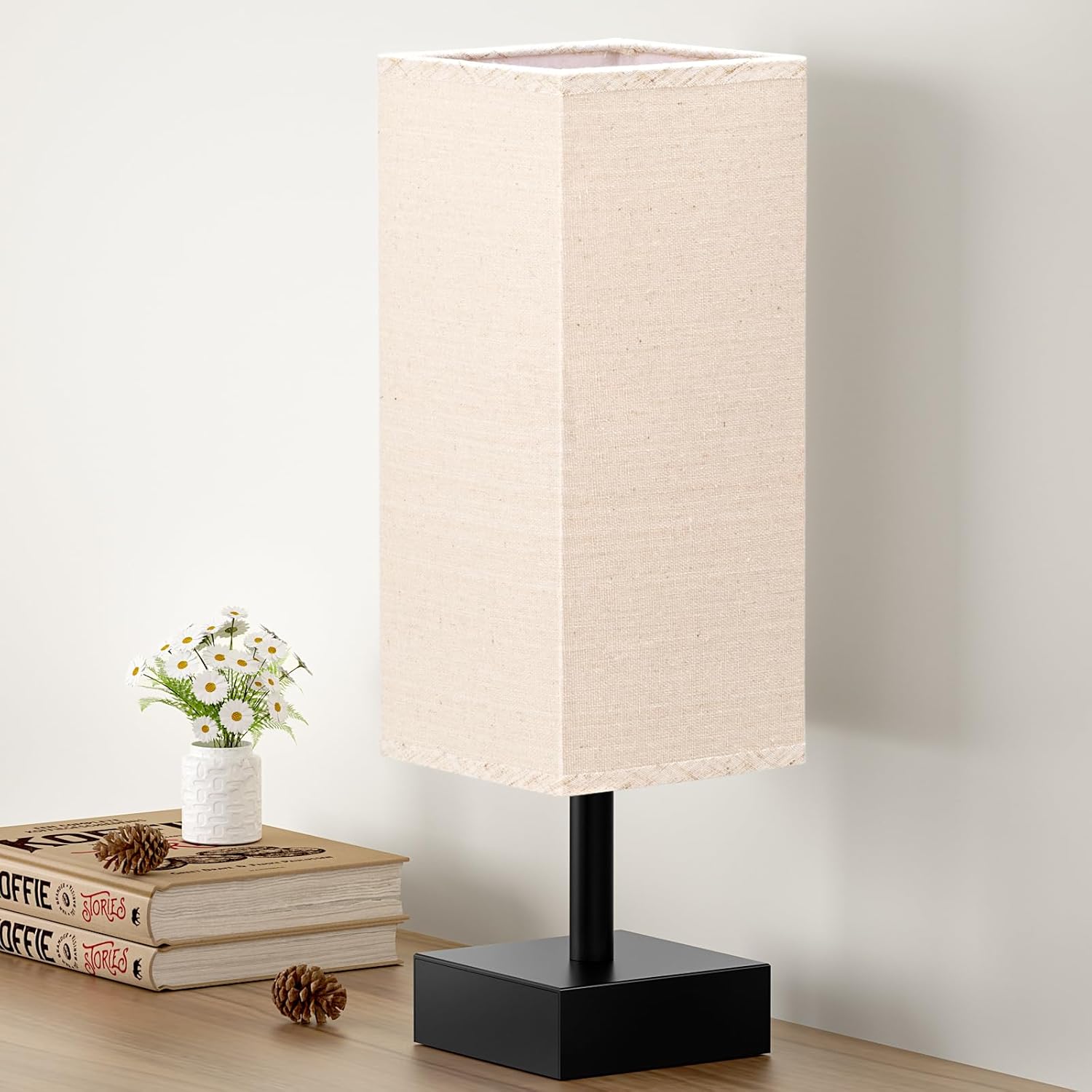 Small Table Lamp for Bedroom - Bedside Lamps for Nightstand, Minimalist Night Stand Light Lamp with Square Fabric Shade, Desk Reading Lamp for Kids Room Living Room Office Dorm - Grand Goldman