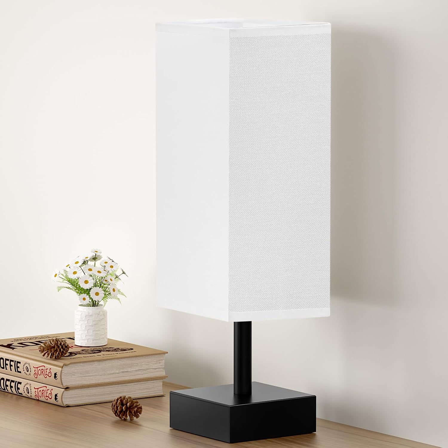 Small Table Lamp for Bedroom - Bedside Lamps for Nightstand, Minimalist Night Stand Light Lamp with Square Fabric Shade, Desk Reading Lamp for Kids Room Living Room Office Dorm - Grand Goldman
