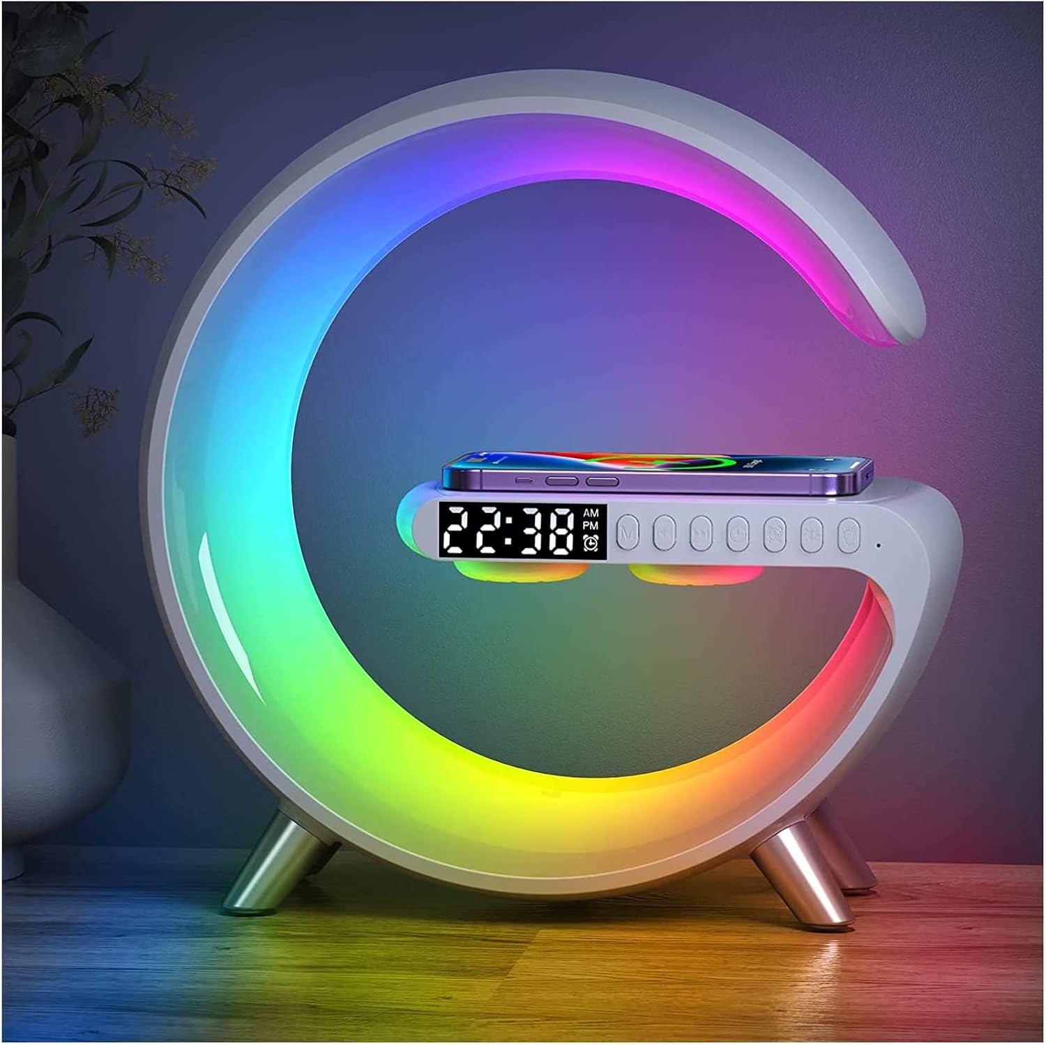 Smart LED Table Lamp, 4-in-1 Wireless Charger, Night Light, Alarm Clock, and Bluetooth Speaker with App Control for Bedroom, Office, and Home Decor (White) - Grand Goldman