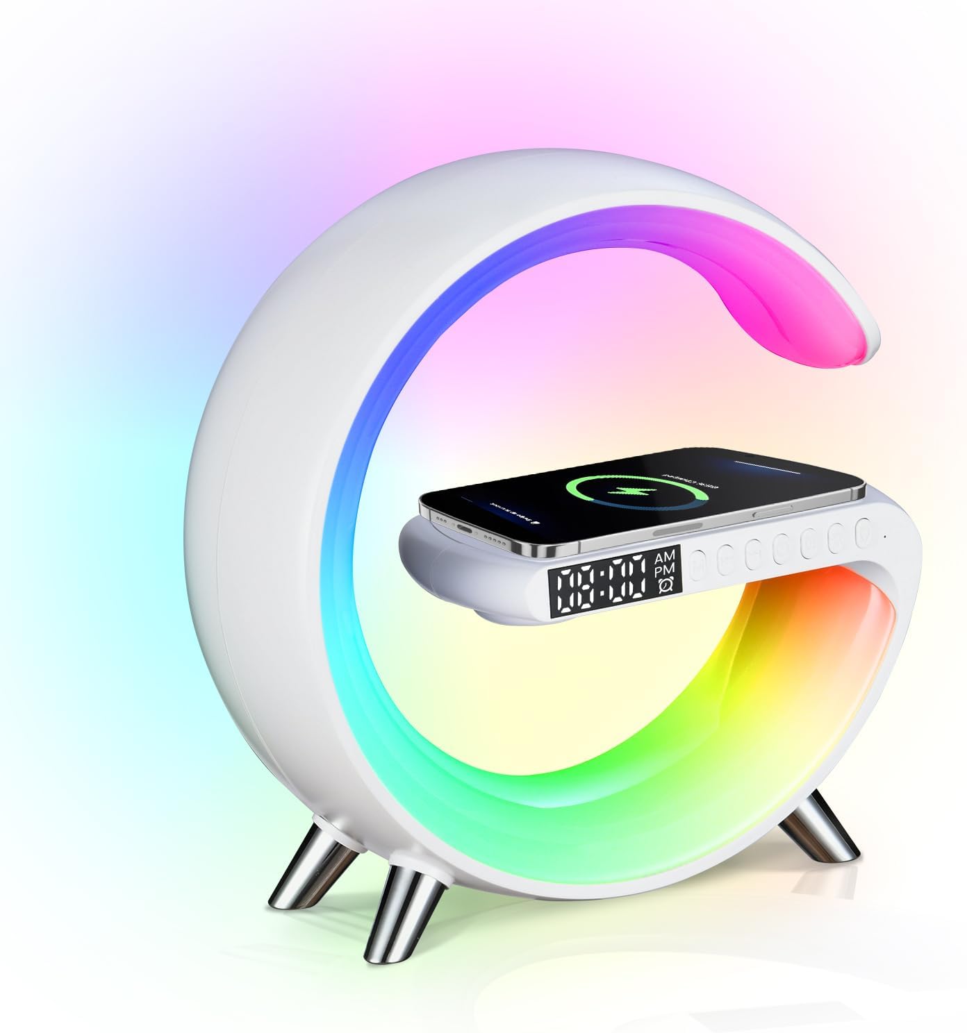 Smart LED Table Lamp, 4-in-1 Wireless Charger, Night Light, Alarm Clock, and Bluetooth Speaker with App Control for Bedroom, Office, and Home Decor (White) - Grand Goldman