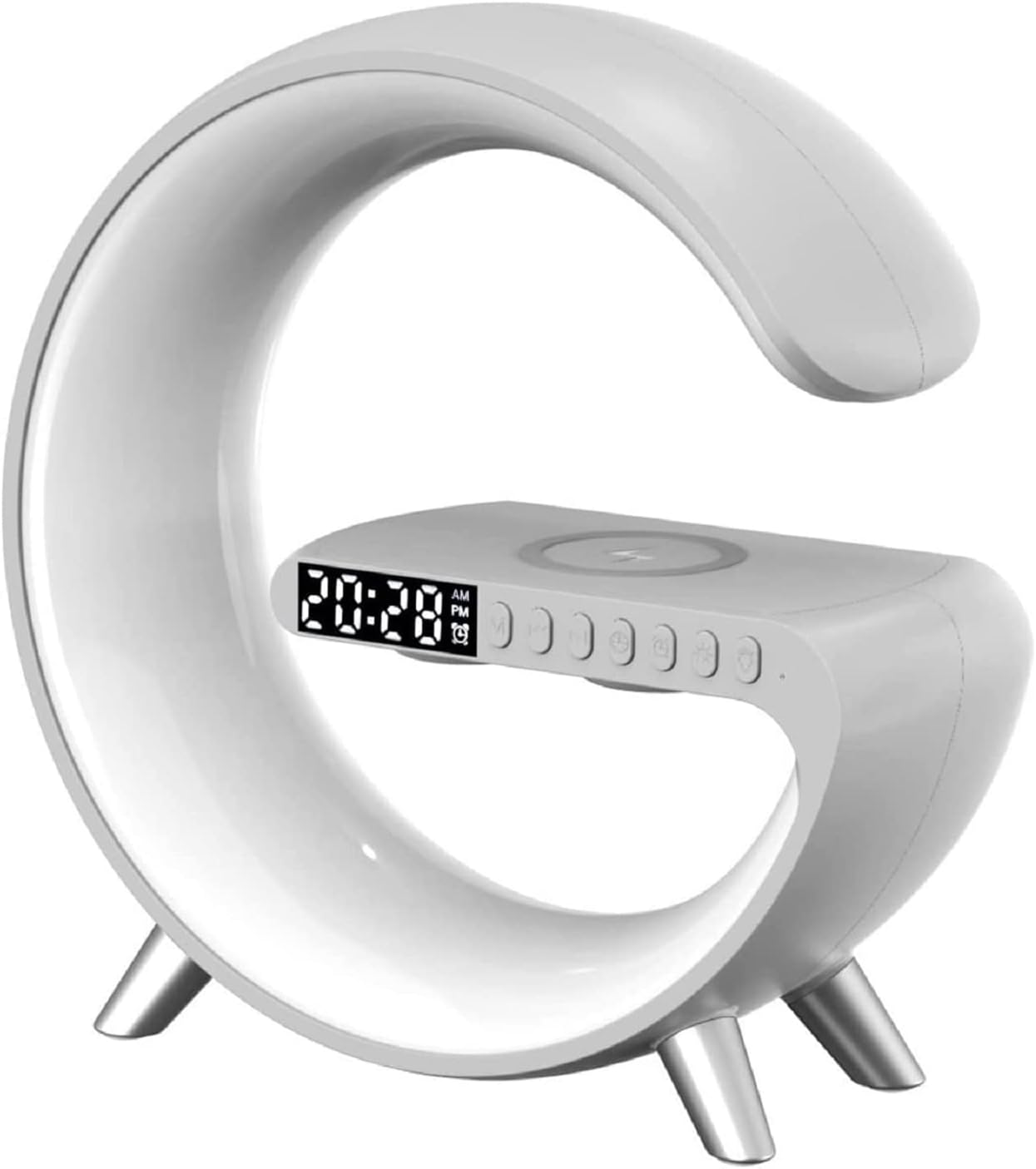 Smart LED Table Lamp, 4-in-1 Wireless Charger, Night Light, Alarm Clock, and Bluetooth Speaker with App Control for Bedroom, Office, and Home Decor (White) - Grand Goldman
