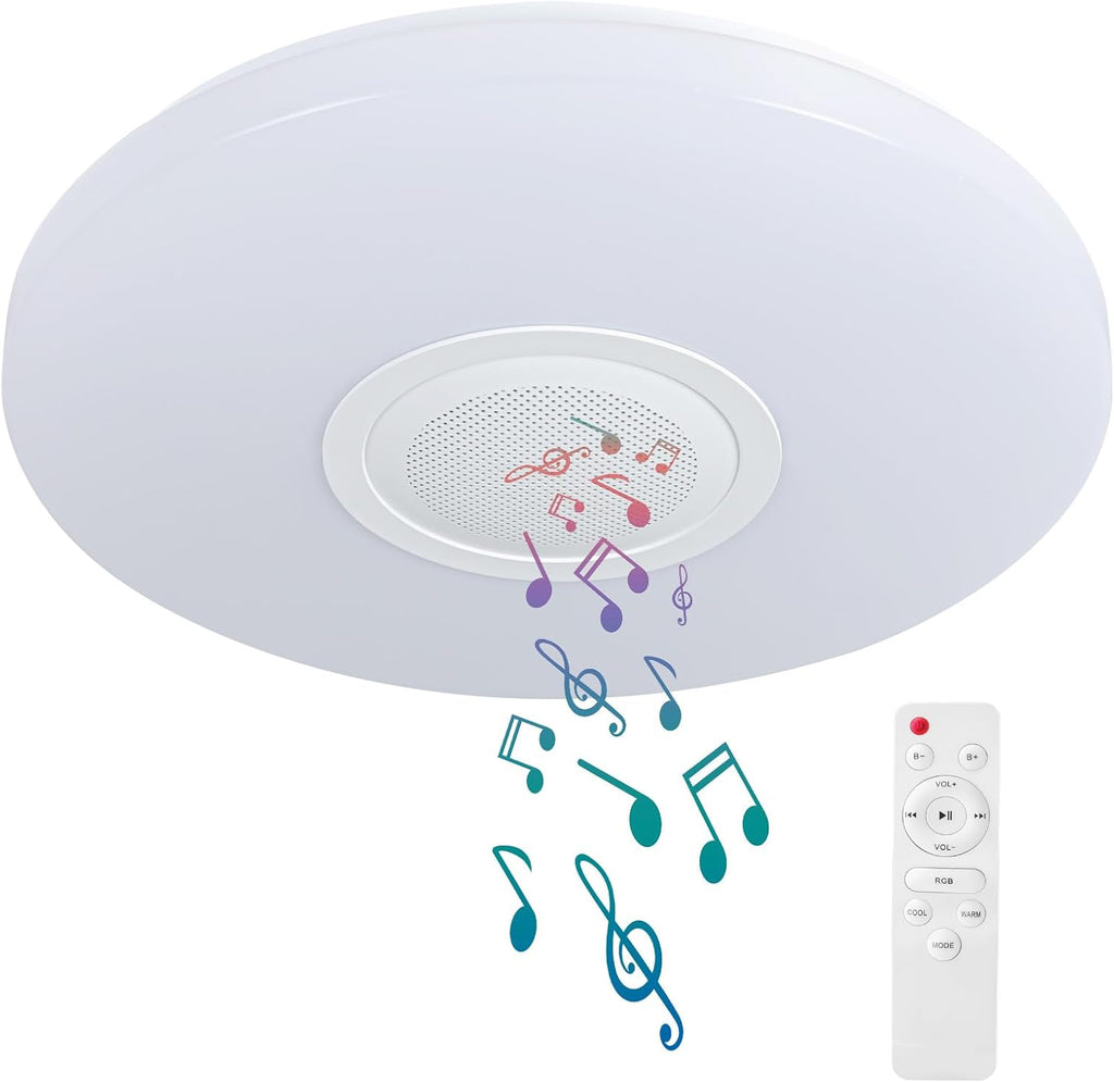 Smart Waterproof LED Ceiling Light Fixture,with Bluetooth Speaker,11 Inch,18 watt, 2700K-6500K Dimmable Music Lamp,RGB Color Changing Light with Remote Control,for Bathroom,Shower,Bedroom - Grand Goldman