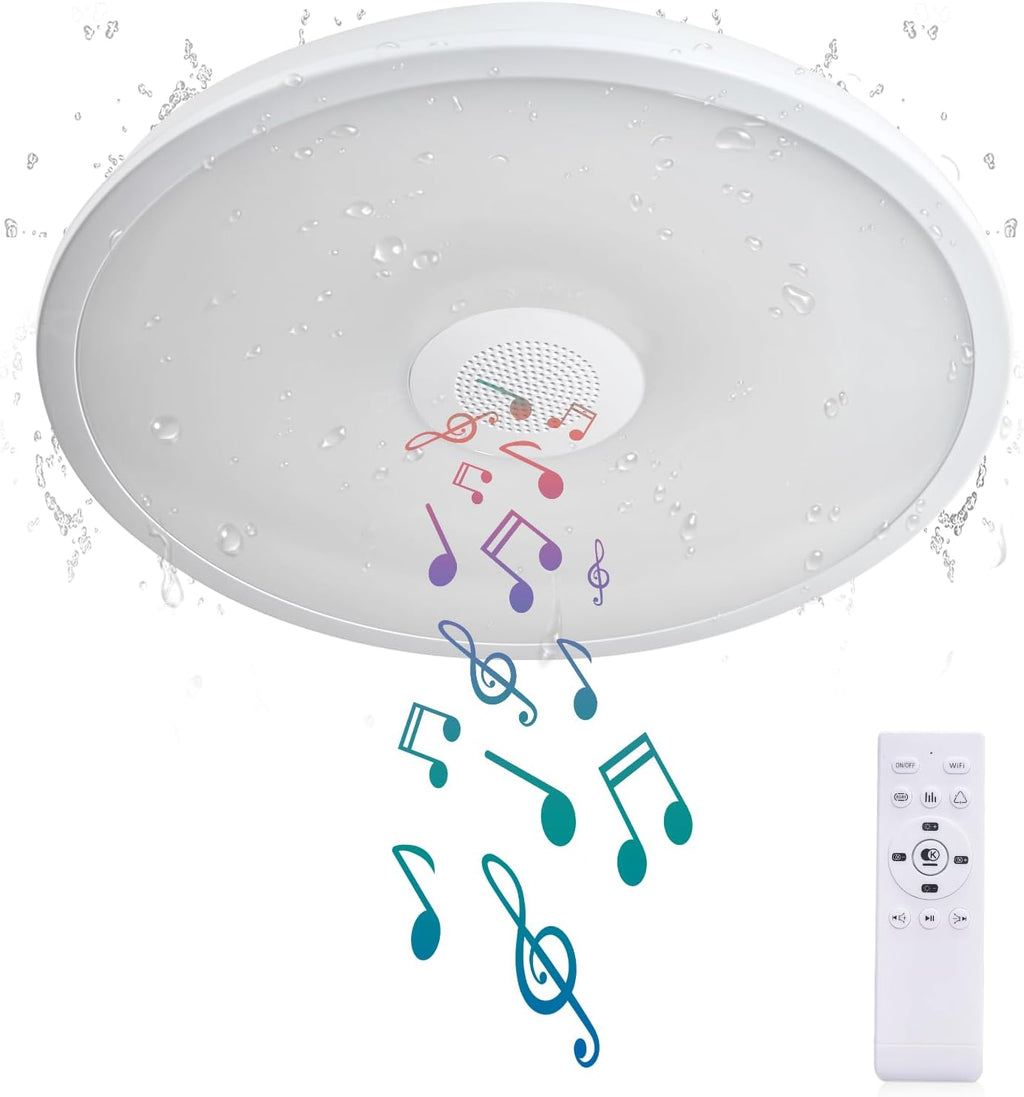 Smart Waterproof LED Ceiling Light Fixture,with Bluetooth Speaker,11 Inch,18 watt, 2700K-6500K Dimmable Music Lamp,RGB Color Changing Light with Remote Control,for Bathroom,Shower,Bedroom - Grand Goldman