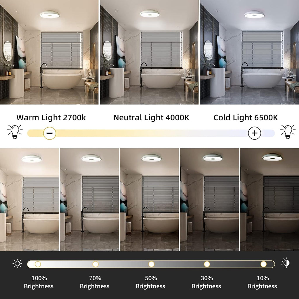Smart Waterproof LED Ceiling Light Fixture,with Bluetooth Speaker,11 Inch,18 watt, 2700K-6500K Dimmable Music Lamp,RGB Color Changing Light with Remote Control,for Bathroom,Shower,Bedroom - Grand Goldman