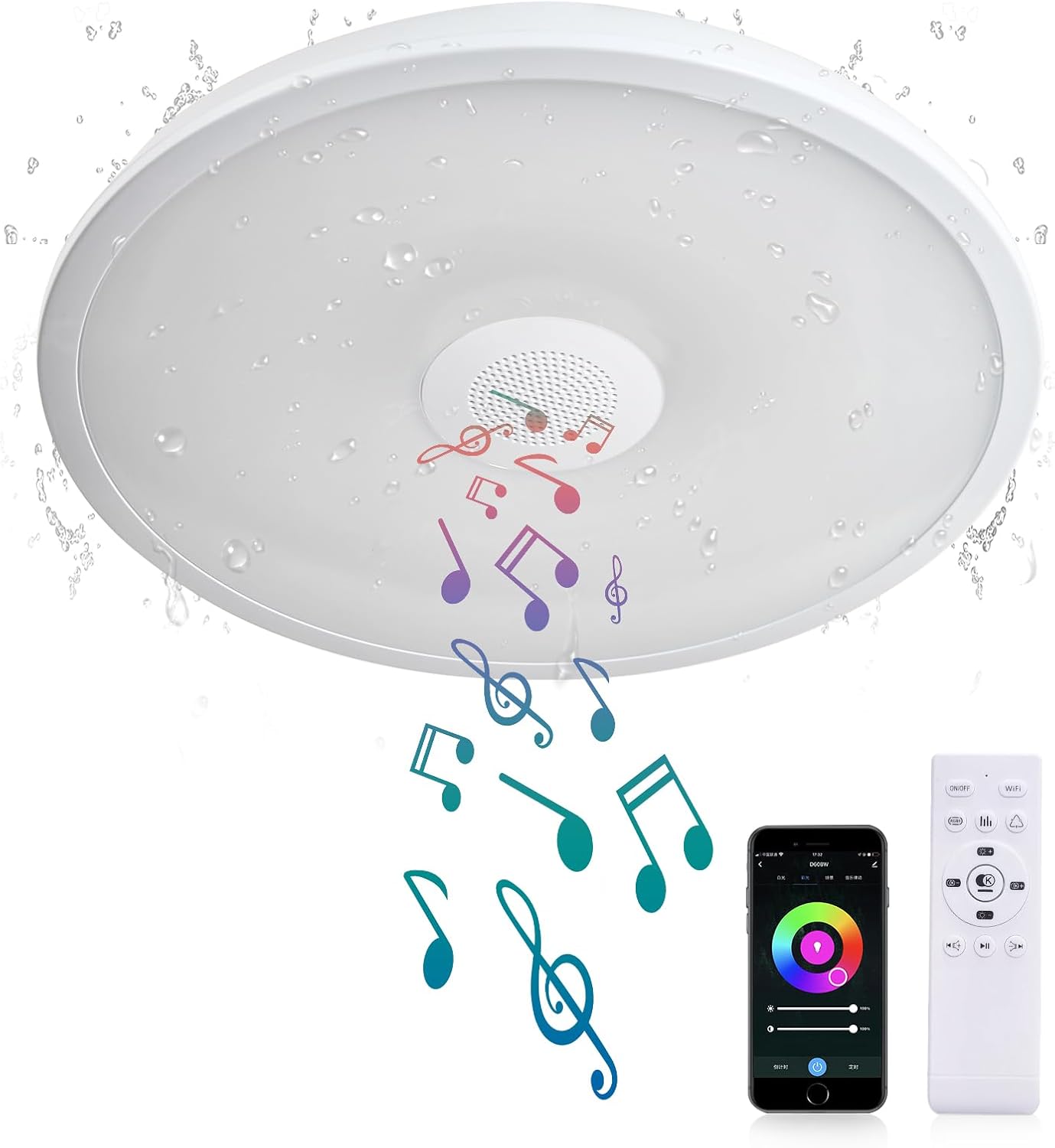 Smart Waterproof LED Ceiling Light Fixture,with Bluetooth Speaker,11 Inch,18 watt, 2700K-6500K Dimmable Music Lamp,RGB Color Changing Light with Remote Control,for Bathroom,Shower,Bedroom - Grand Goldman
