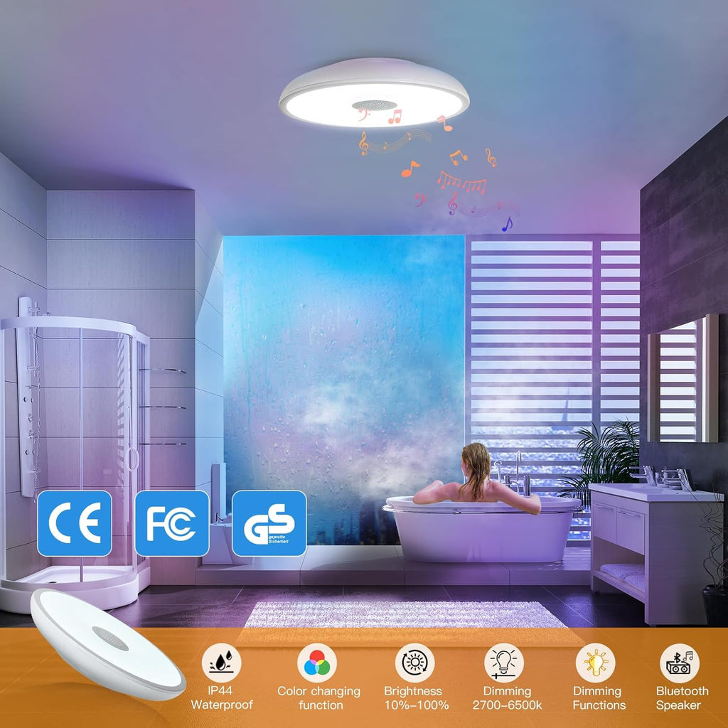Smart Waterproof LED Ceiling Light Fixture,with Bluetooth Speaker,11 Inch,18 watt, 2700K-6500K Dimmable Music Lamp,RGB Color Changing Light with Remote Control,for Bathroom,Shower,Bedroom - Grand Goldman