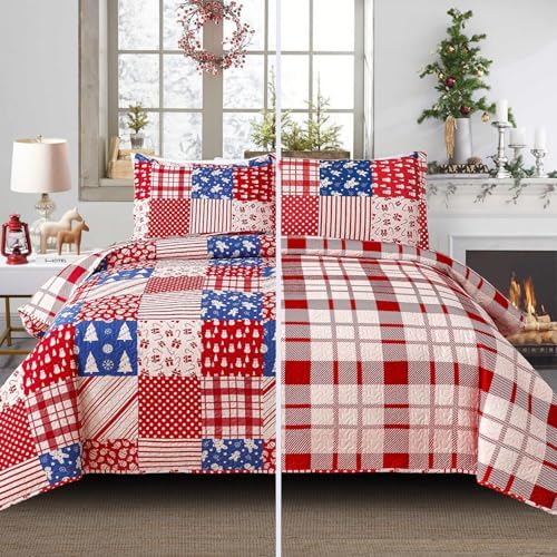 Smuge Christmas Bedspread Quilt Sets Queen Size - Nordic Cabin Lodge Wildlife Reindeers Snowflake Snowman Plaid New Year Winter Holiday Coverlet Bed Set Xmas Bedding Sets Throw Blanket Bedroom Decor - Grand Goldman