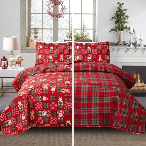 Smuge Christmas Bedspread Quilt Sets Queen Size - Nordic Cabin Lodge Wildlife Reindeers Snowflake Snowman Plaid New Year Winter Holiday Coverlet Bed Set Xmas Bedding Sets Throw Blanket Bedroom Decor - Grand Goldman