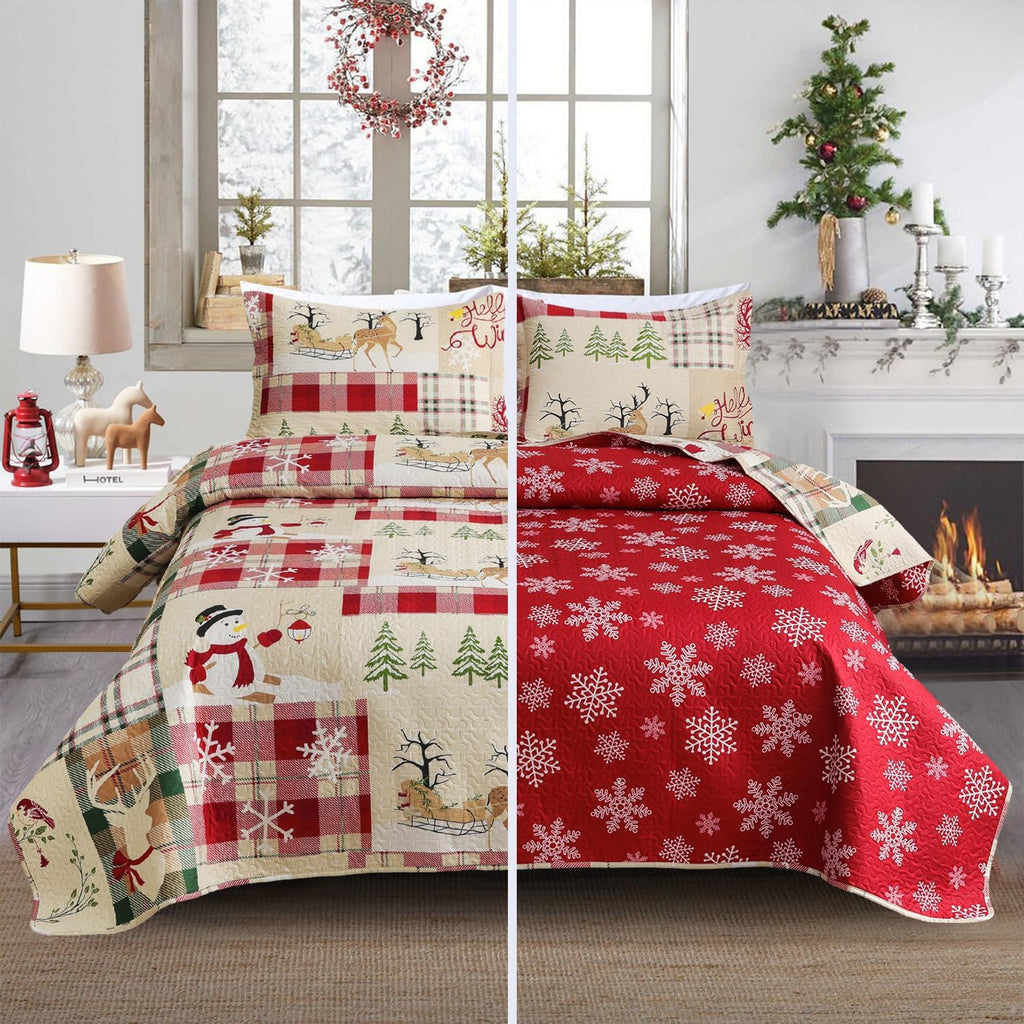 Smuge Christmas Bedspread Quilt Sets Queen Size - Nordic Cabin Lodge Wildlife Reindeers Snowflake Snowman Plaid New Year Winter Holiday Coverlet Bed Set Xmas Bedding Sets Throw Blanket Bedroom Decor - Grand Goldman
