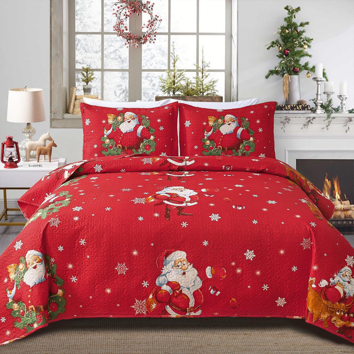 Smuge Christmas Bedspread Quilt Sets Queen Size - Nordic Cabin Lodge Wildlife Reindeers Snowflake Snowman Plaid New Year Winter Holiday Coverlet Bed Set Xmas Bedding Sets Throw Blanket Bedroom Decor - Grand Goldman