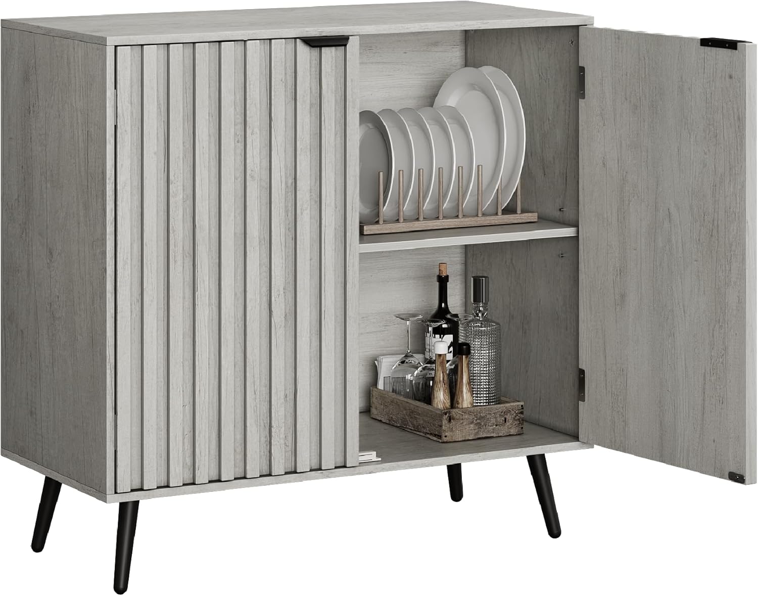 Smuxee Grey Storage Cabinet, Freestanding Buffet Cabinet with Fluted Doors, Wood Sideboard Cabinet for Living Room, Hallway, Entryway - Grand Goldman