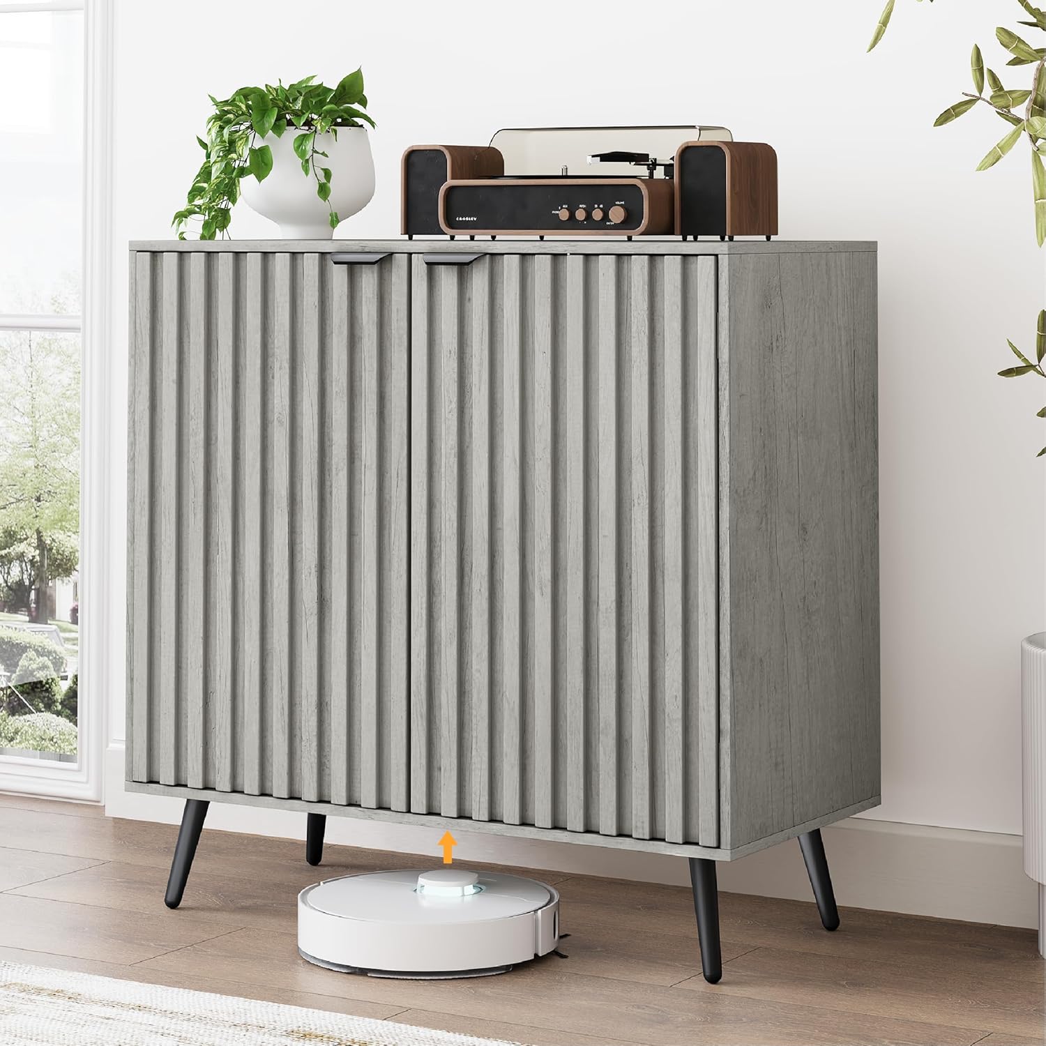 Smuxee Grey Storage Cabinet, Freestanding Buffet Cabinet with Fluted Doors, Wood Sideboard Cabinet for Living Room, Hallway, Entryway - Grand Goldman