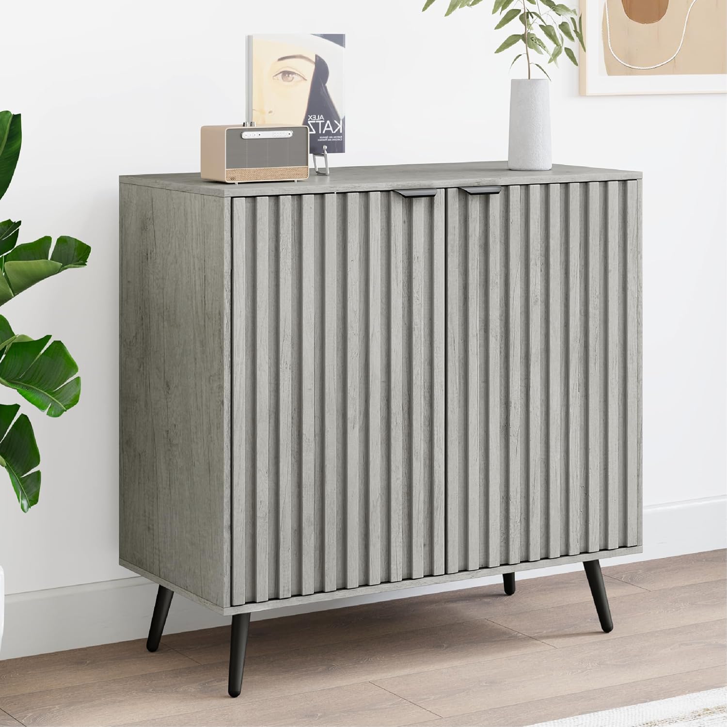 Smuxee Grey Storage Cabinet, Freestanding Buffet Cabinet with Fluted Doors, Wood Sideboard Cabinet for Living Room, Hallway, Entryway - Grand Goldman