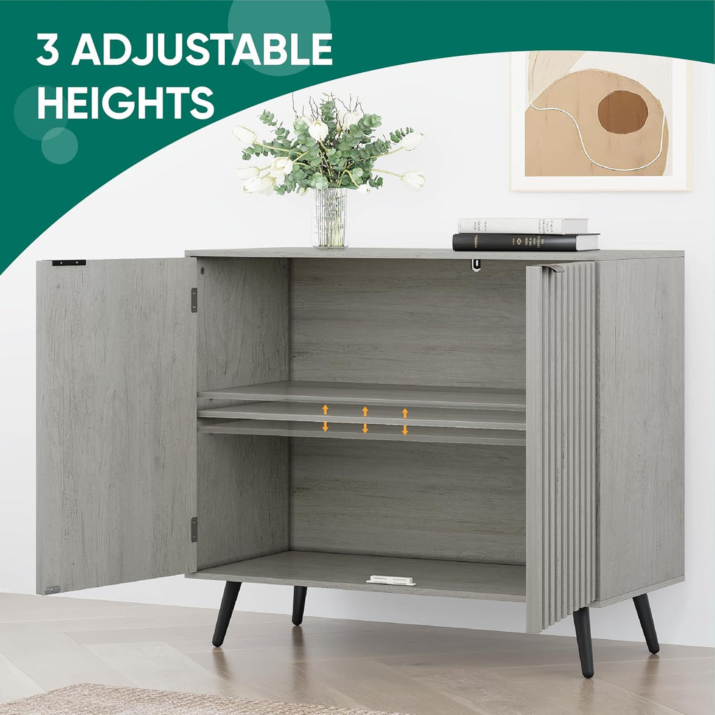 Smuxee Grey Storage Cabinet, Freestanding Buffet Cabinet with Fluted Doors, Wood Sideboard Cabinet for Living Room, Hallway, Entryway - Grand Goldman