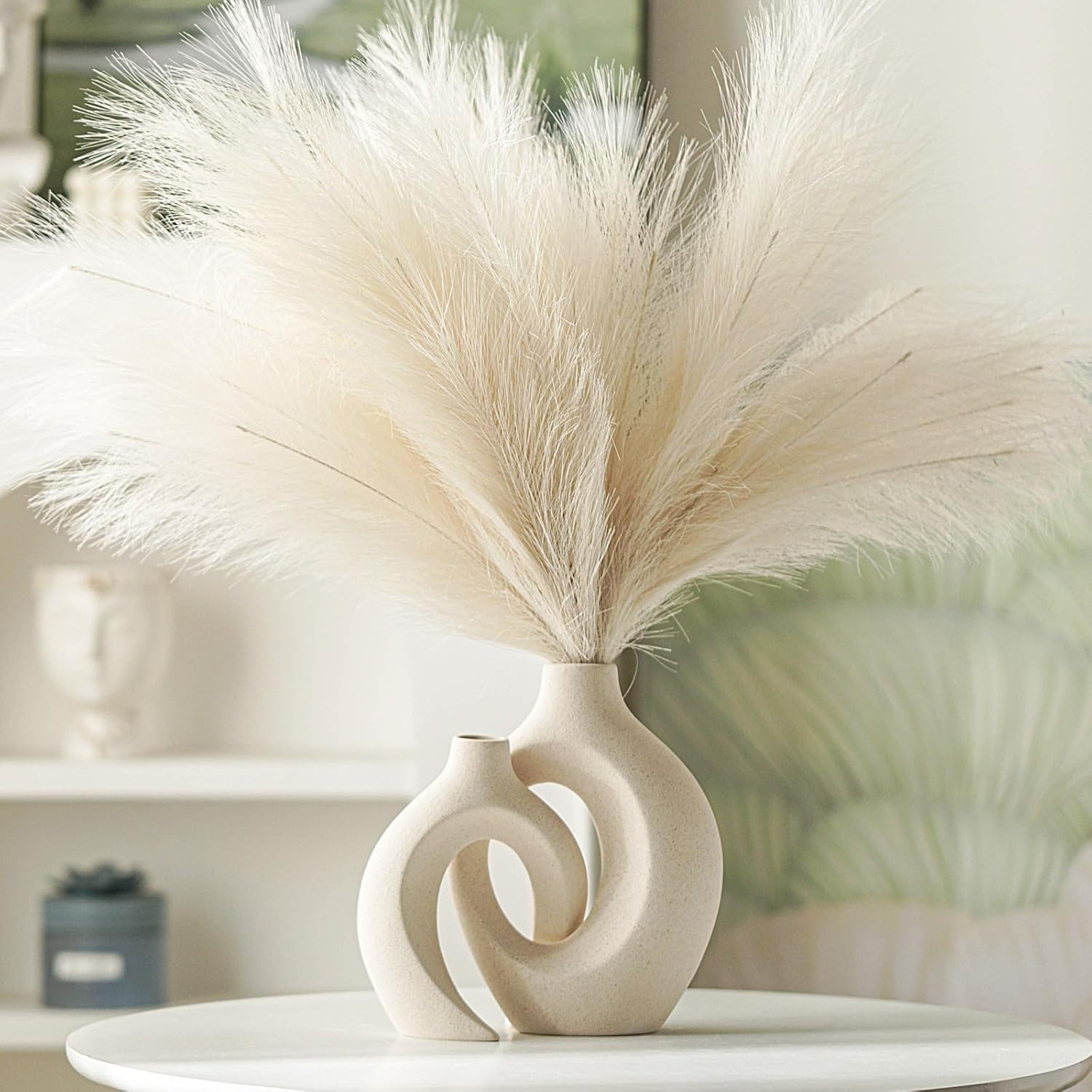 Snuggle Hollow Ceramic Vase Set of 2, Nordic Modern Boho ins Style Decorative Ceramic Aesthetic Flower Vase for Home Decor (Milky White W 6.3" X H 8.4") - Grand Goldman