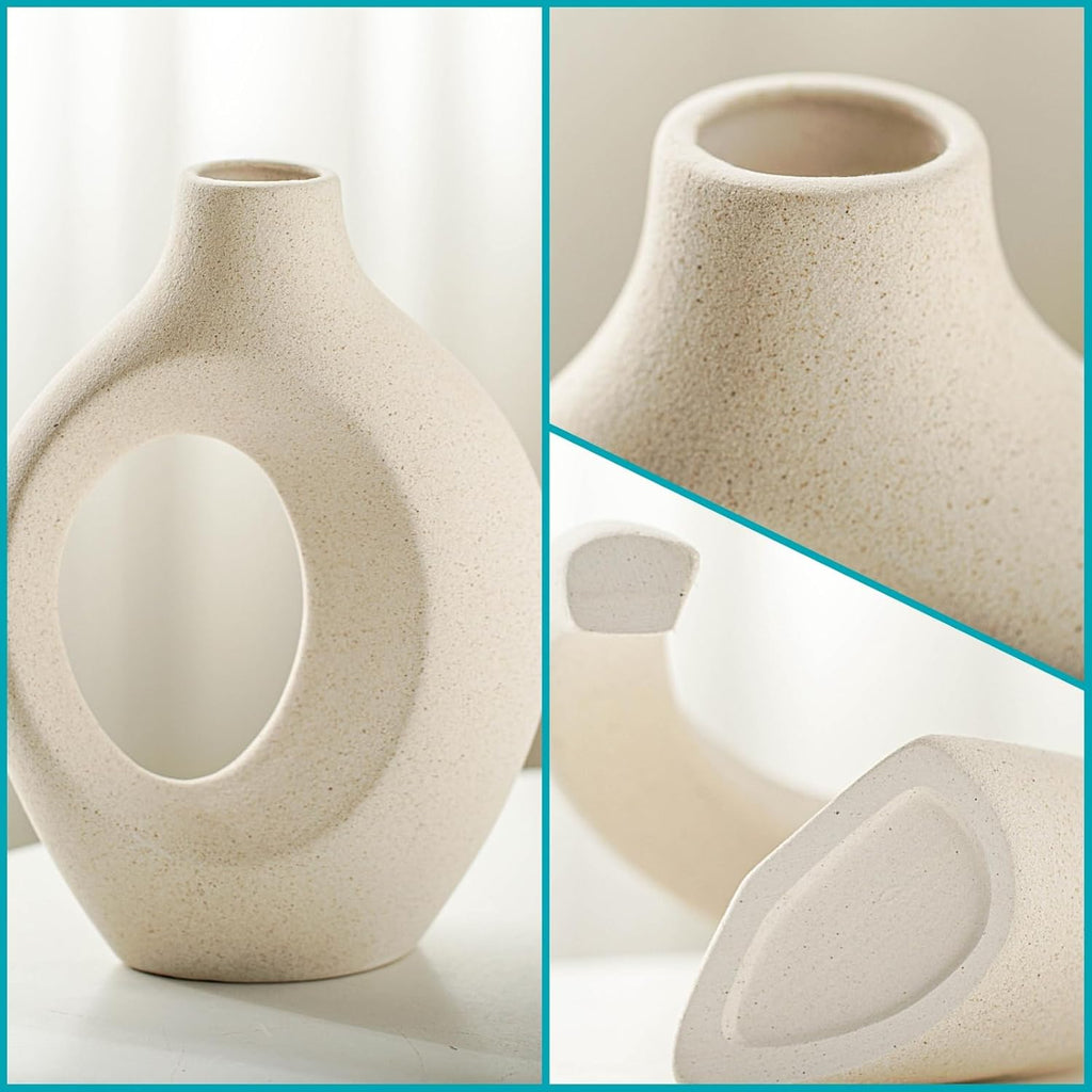 Snuggle Hollow Ceramic Vase Set of 2, Nordic Modern Boho ins Style Decorative Ceramic Aesthetic Flower Vase for Home Decor (Milky White W 6.3" X H 8.4") - Grand Goldman