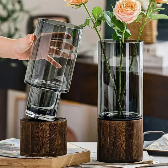 MULLER'S Modern Interlocking Glass Wood Vase Creative Cylindrical Parallepiped Hydroponic Plant For Office Living Room Kitchen Solid Transparent Glass Floral Flower Arrangement Soft Decoration
