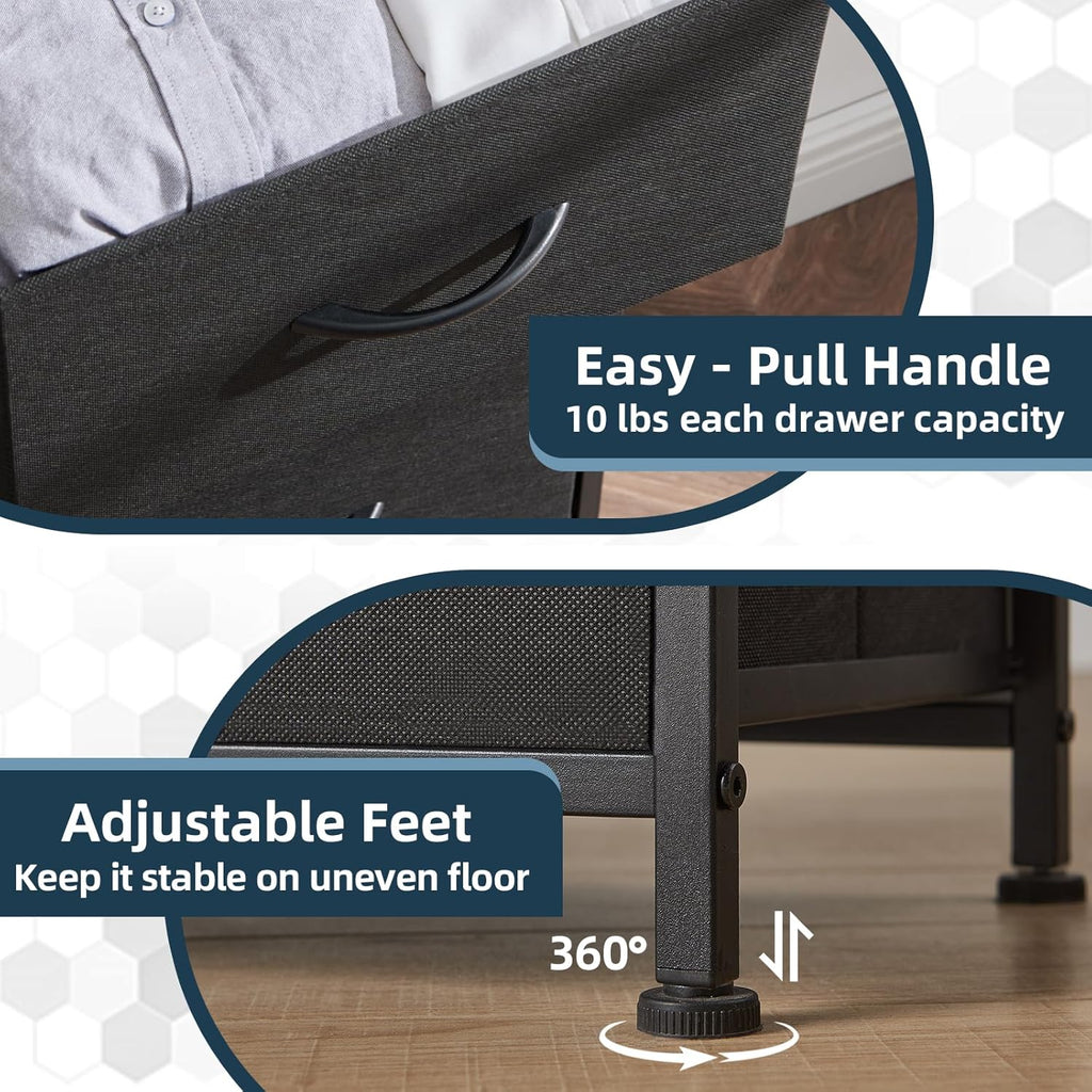 Somdot Nightstand with 2 Drawers, Bedside Table Small Dresser with Removable Fabric Bins for Bedroom Nursery Closet Living Room - Sturdy Steel Frame, Wood Top, Pull Handle - Black - Grand Goldman