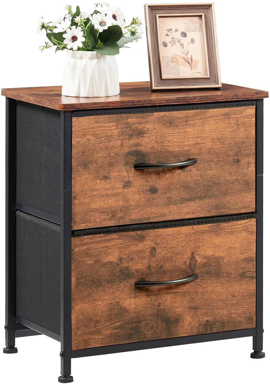 Somdot Nightstand with 2 Drawers, Bedside Table Small Dresser with Removable Fabric Bins for Bedroom Nursery Closet Living Room - Sturdy Steel Frame, Wood Top, Pull Handle - Black - Grand Goldman