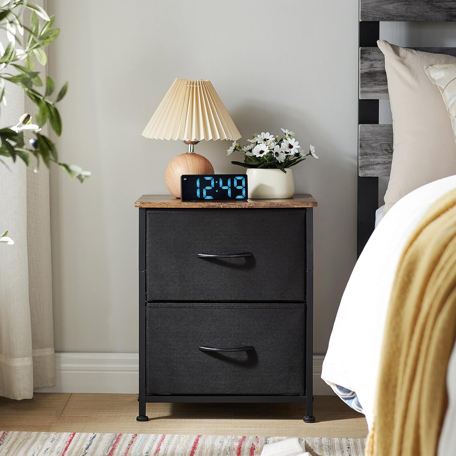Somdot Nightstand with 2 Drawers, Bedside Table Small Dresser with Removable Fabric Bins for Bedroom Nursery Closet Living Room - Sturdy Steel Frame, Wood Top, Pull Handle - Black - Grand Goldman