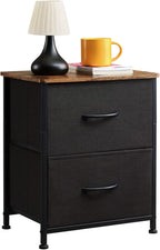 Somdot Nightstand with 2 Drawers, Bedside Table Small Dresser with Removable Fabric Bins for Bedroom Nursery Closet Living Room - Sturdy Steel Frame, Wood Top, Pull Handle - Black - Grand Goldman