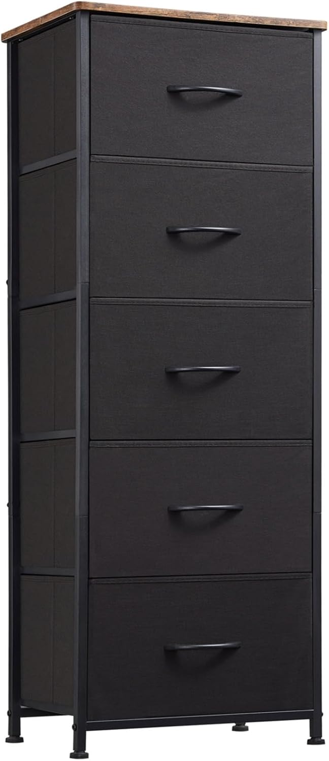 Somdot Tall Dresser for Bedroom with 5 Drawers, Storage Chest of Drawers with Removable Fabric Bins for Closet Bedside Nursery Laundry Living Room Entryway Hallway, Black - Grand Goldman