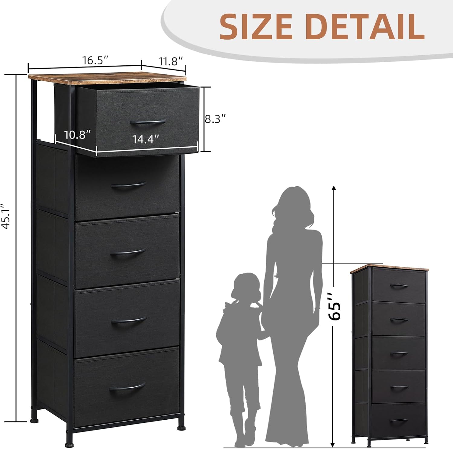 Somdot Tall Dresser for Bedroom with 5 Drawers, Storage Chest of Drawers with Removable Fabric Bins for Closet Bedside Nursery Laundry Living Room Entryway Hallway, Black - Grand Goldman