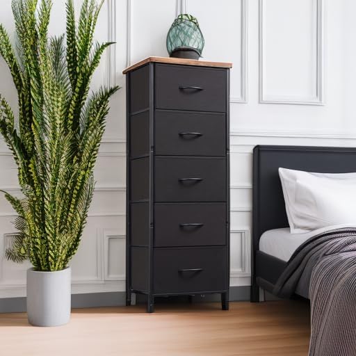 Somdot Tall Dresser for Bedroom with 5 Drawers, Storage Chest of Drawers with Removable Fabric Bins for Closet Bedside Nursery Laundry Living Room Entryway Hallway, Black - Grand Goldman
