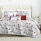 Southshore Fine Living, Inc. Holly Jolly Christmas Quilt Set, King/Cal King Size 6-Piece Christmas Bedding Set w/Shams & Throw Pillows; Reversible Quilt, Christmas Trees & Reindeer Print, Red & White - Grand Goldman