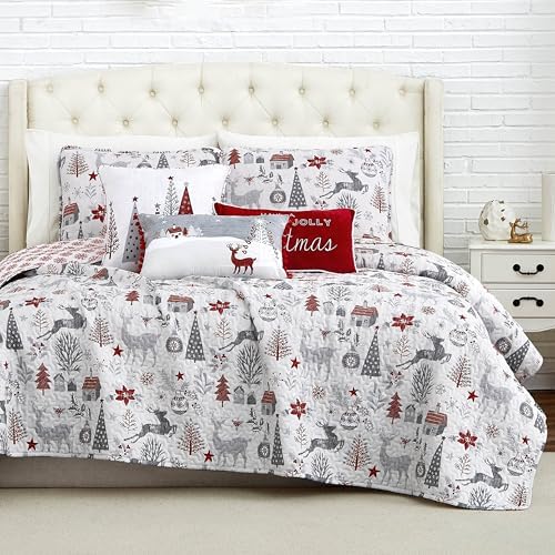 Southshore Fine Living, Inc. Holly Jolly Christmas Quilt Set, King/Cal King Size 6-Piece Christmas Bedding Set w/Shams & Throw Pillows; Reversible Quilt, Christmas Trees & Reindeer Print, Red & White - Grand Goldman